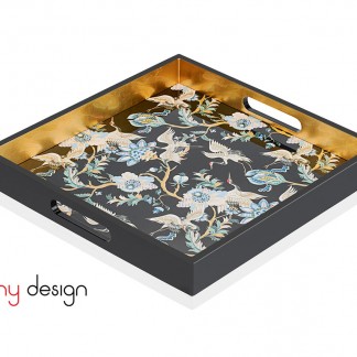 Black square lacquer tray with white crane pattern 35*35*4 cm